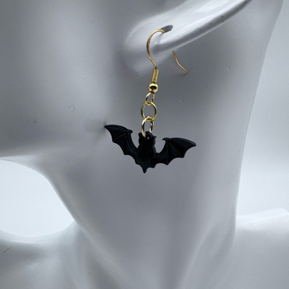Handmade Black Bat Halloween Earrings with Gold Accents